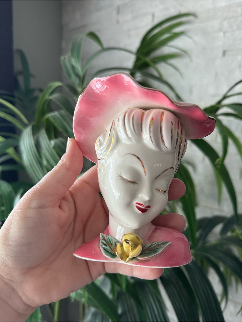 Antique Pink Ceramic Lady Japan Head Floral Vase Wall Pocket with Gold Accent